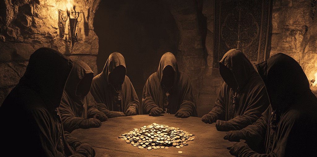 People in black cloaks around a table